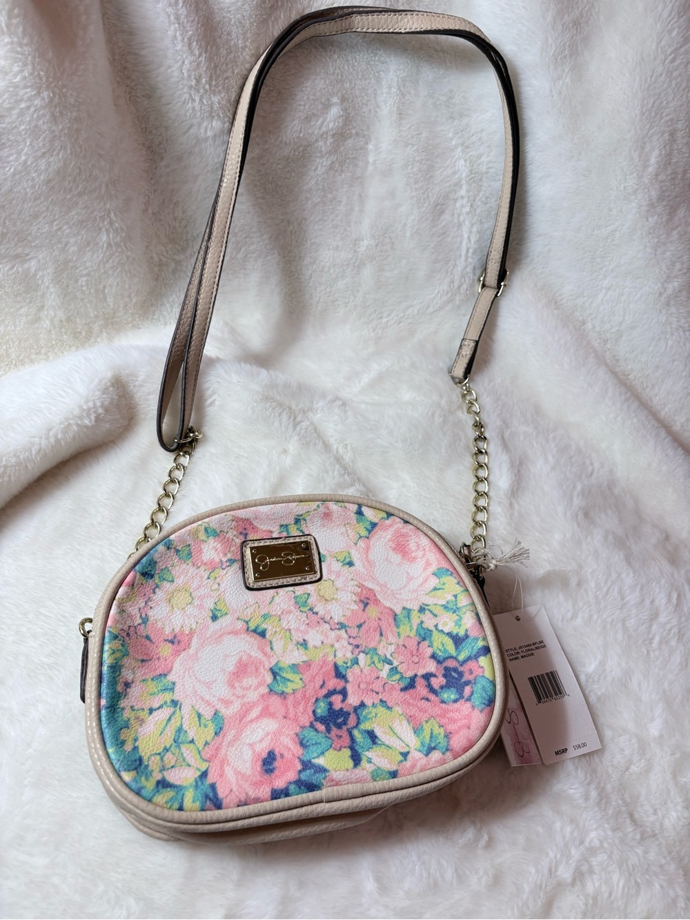 Jessica Simpson Pink Floral Crossbody with Gold Chain